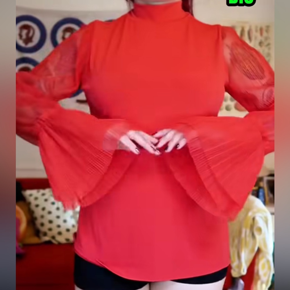 red mock neck bell sleeve